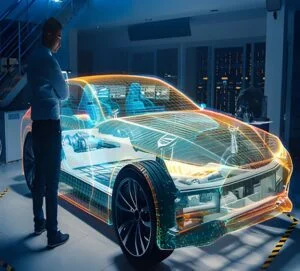 A person observes a holographic car model in a futuristic lab. The car's glowing blue and orange framework reveals interior details. The scene is high-tech and innovative.
