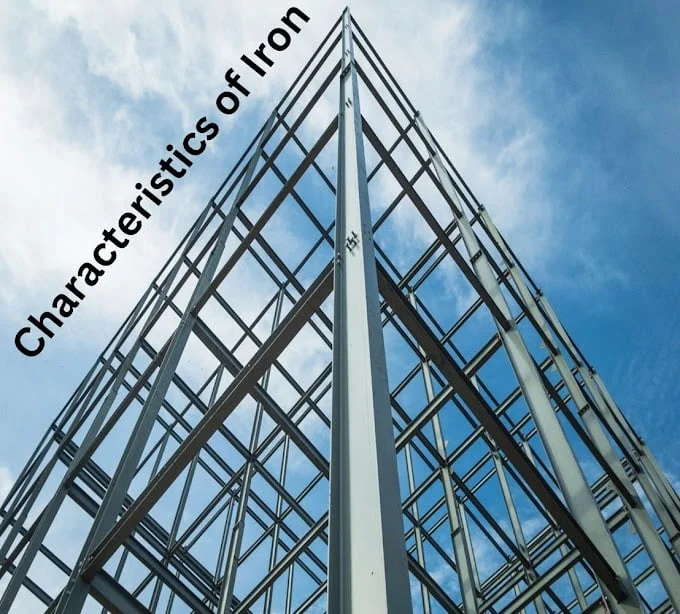 View of a steel framework of a building against a blue sky with wispy clouds. Text overlay reads 'Characteristics of Iron' in bold black letters."