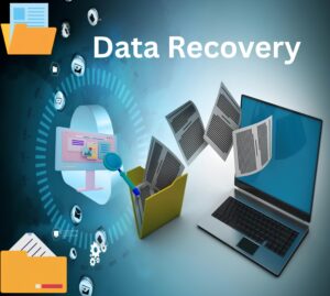 A digital illustration showing files being transferred from a folder to a laptop, representing data recovery, with the words "Data Recovery" at the top.