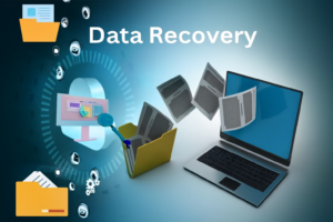 A digital illustration showing files being transferred from a folder to a laptop, representing data recovery, with the words "Data Recovery" at the top.