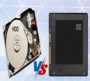 Image comparing an open HDD with visible platters on the left and a sleek SSD on the right, against a geometric blue background with "VS" text.