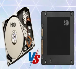 Image comparing an open HDD with visible platters on the left and a sleek SSD on the right, against a geometric blue background with "VS" text.