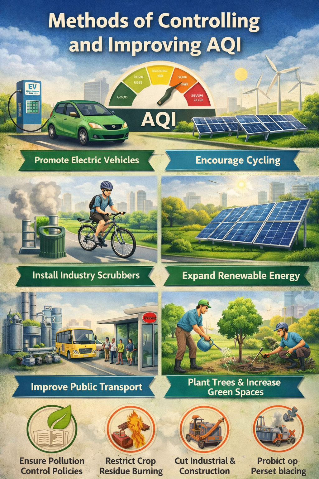 Image showing methods to improve AQI: electric vehicles, cycling, industry scrubbers, renewable energy, public transport, planting trees, and pollution policies.