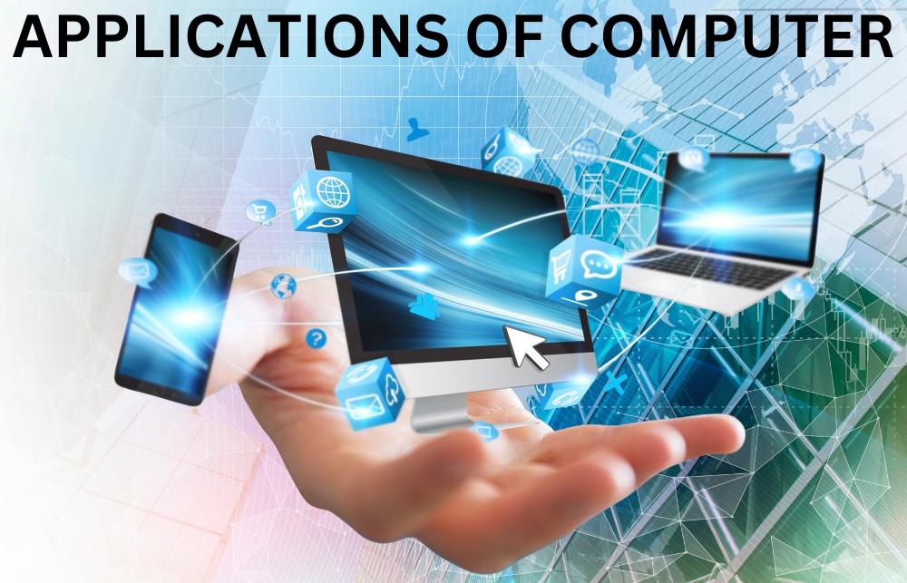 A hand holds a floating smartphone, desktop monitor, and laptop surrounded by digital icons, symbolizing computer applications. Background features abstract tech graphics.