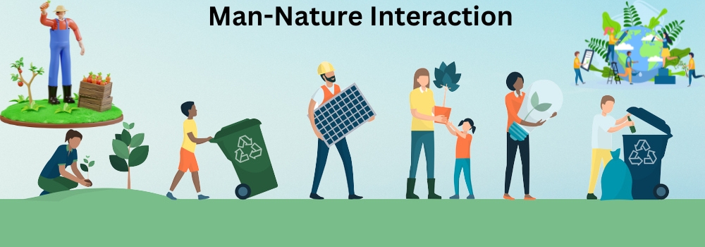 Illustration titled "Man-Nature Interaction" showing diverse figures engaging in eco-friendly activities: gardening, recycling, and using solar panels. The scene is positive and collaborative.