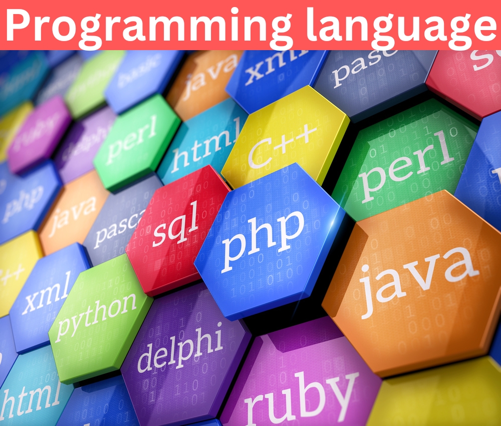 Hexagonal tiles in various colors feature programming language names like Python, Java, and C++. The image conveys a dynamic and technical theme.