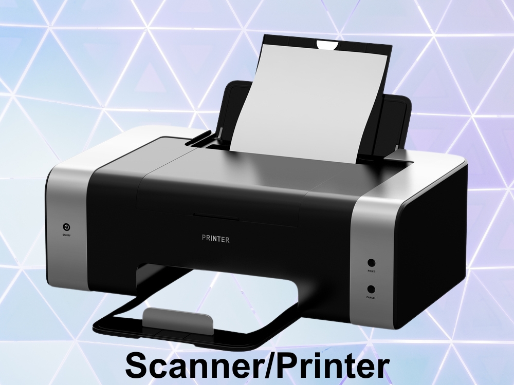A sleek black scanner-printer with a sheet of paper loaded. It features silver accents, set against a geometric blue and purple background.