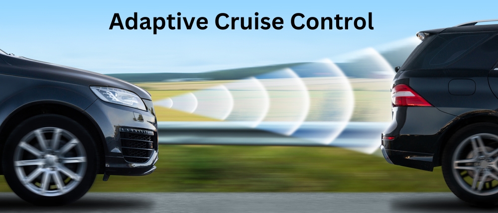 Two cars on a road highlight the Adaptive Cruise Control system with radar waves connecting them.