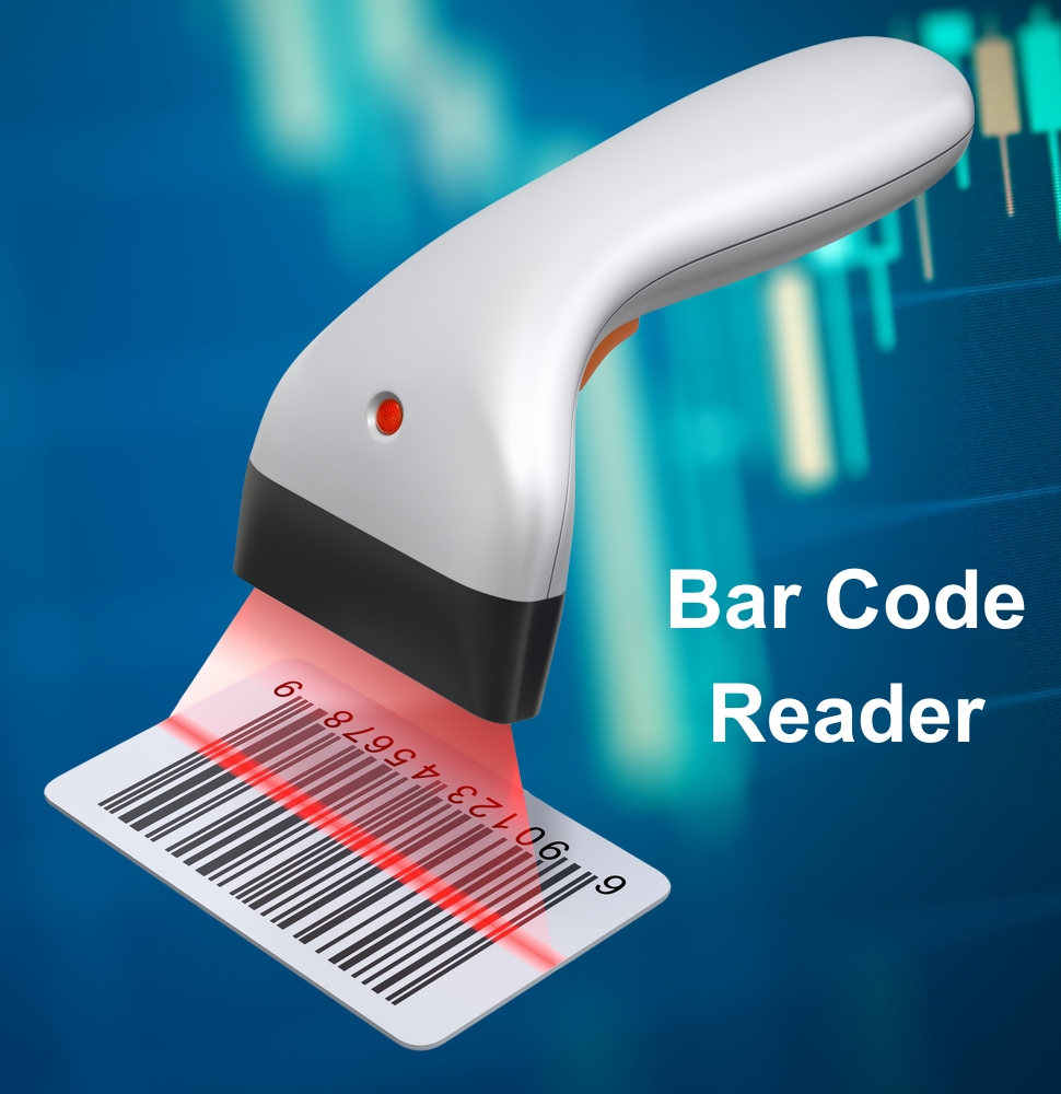 A barcode reader scans a barcode with a red laser against a blue digital background. Text on the right reads "Bar Code Reader." The image conveys technology.