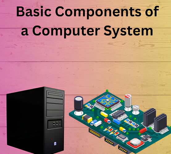 Illustration of a computer tower and a circuit board with labeled components, set against a colorful gradient wooden background. Text reads: "Basic Components of a Computer System."
