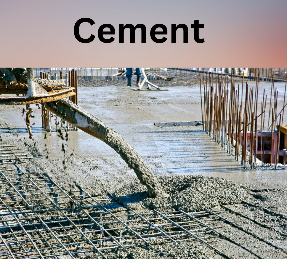 Concrete is being poured from a chute onto a rebar grid at a construction site. The background shows workers and unfinished structures.
