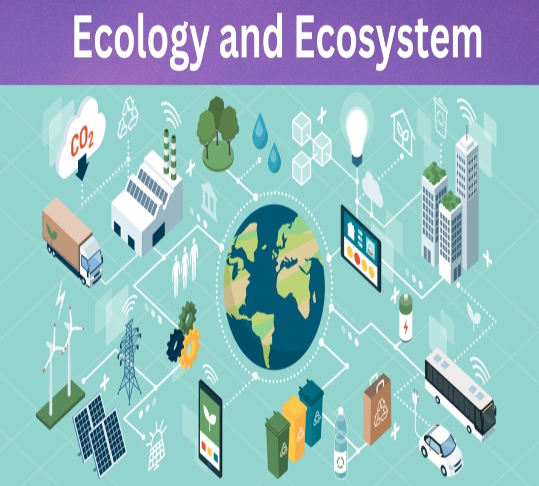 Illustration depicting elements of ecology and ecosystems, including wind turbines, solar panels, recycling bins, and a globe, emphasizing sustainability.