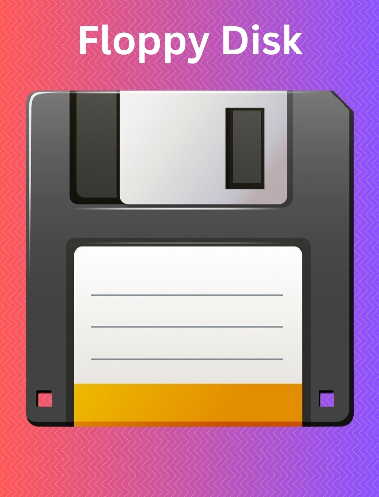 A black and gray floppy disk with an orange label is centered against a red and purple gradient background. White text above reads "Floppy Disk."
