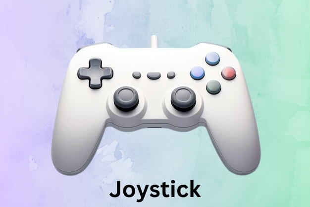 A white gaming joystick with colorful buttons on a pastel gradient background. The word "Joystick" is printed below, conveying a playful tone.