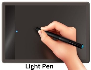 A hand holding a digital pen above a black graphic tablet screen with a small blue dot. Text below reads "Light Pen," conveying a tech-focused tone.