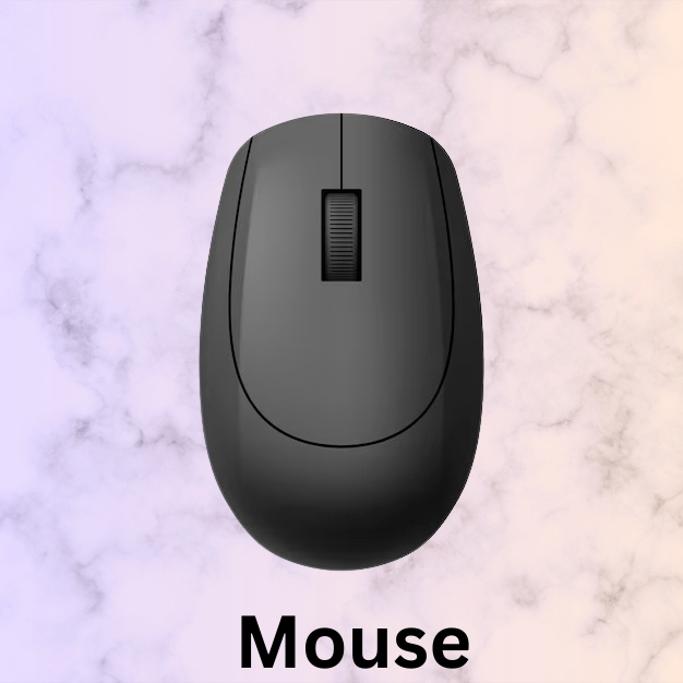 A black computer mouse centered on a soft, pastel marble background. The word "Mouse" is at the bottom in bold black letters.
