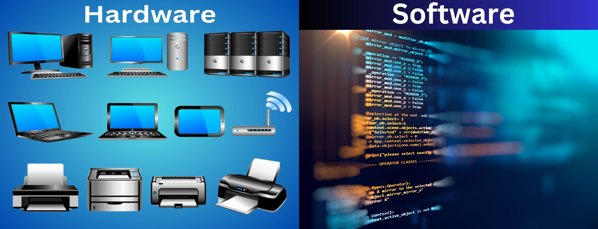 Split image titled "Hardware" and "Software." Left: computers, servers, printers, router on blue. Right: glowing code on dark blue, highlighting digital tech contrast.