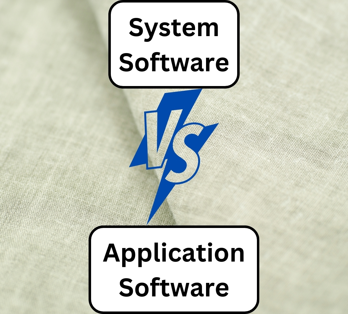 Text "System Software" at the top, "Application Software" at the bottom, with a blue "VS" in the center over a light fabric texture background. Contrast theme.