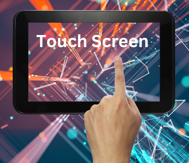 Hand touching a tablet labeled "Touch Screen" against a dynamic background of colorful, abstract light trails, conveying technology and interactivity.