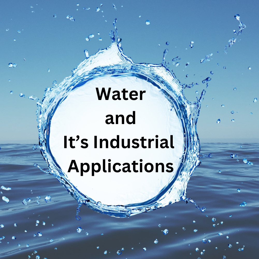 Water splash forming a circle with the text "Water and Its Industrial Applications" inside, set against a clear blue sky and sea background.