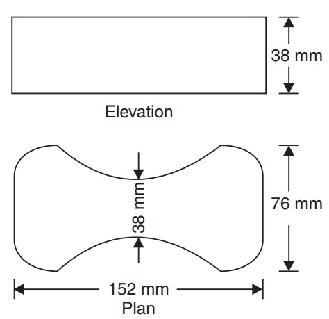 Diagram showing a rectangle in elevation view, measuring 38 mm in height. Below, a plan view depicts a curved, bowtie-shaped object, measuring 152 mm wide and 76 mm tall.