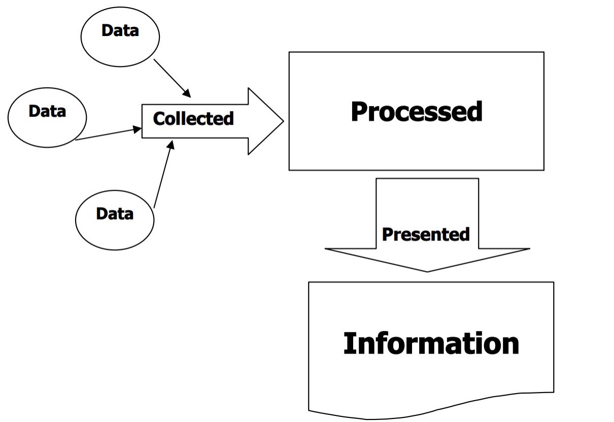 Flowchart showing the transformation of data. Three "Data" ovals are collected into a large "Processed" rectangle, then presented as "Information."