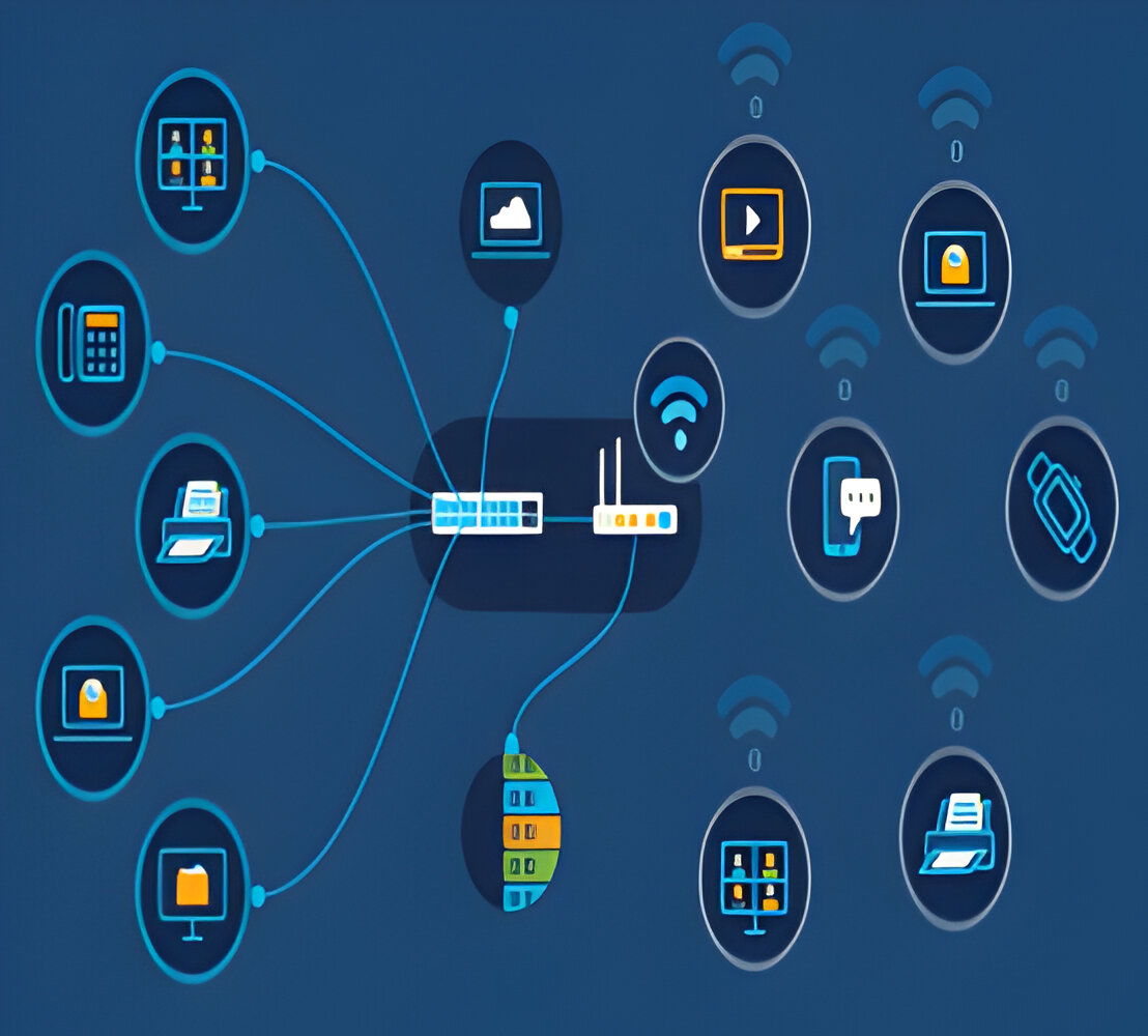 Diagram titled "Power of Information in the Digital Age" showing interconnected digital icons such as routers, cloud storage, and smartphones on a blue background.