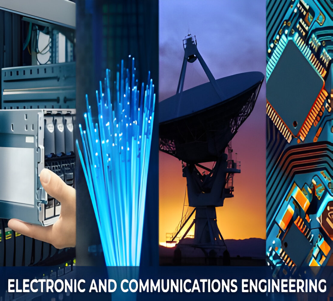 A collage with a hand working on network servers, glowing blue fiber optic cables, a satellite dish against a sunset, and a close-up of a circuit board.