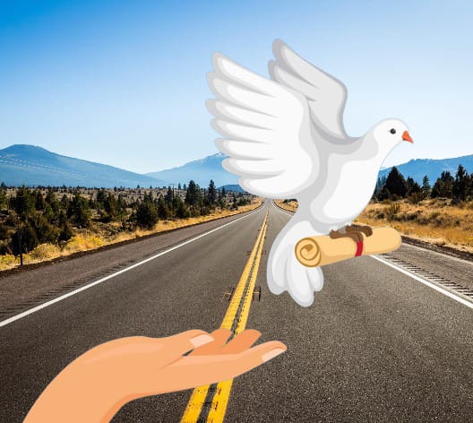 A white dove carrying a scroll hovers above an outstretched hand over a straight, empty road flanked by dry grass and distant mountains.