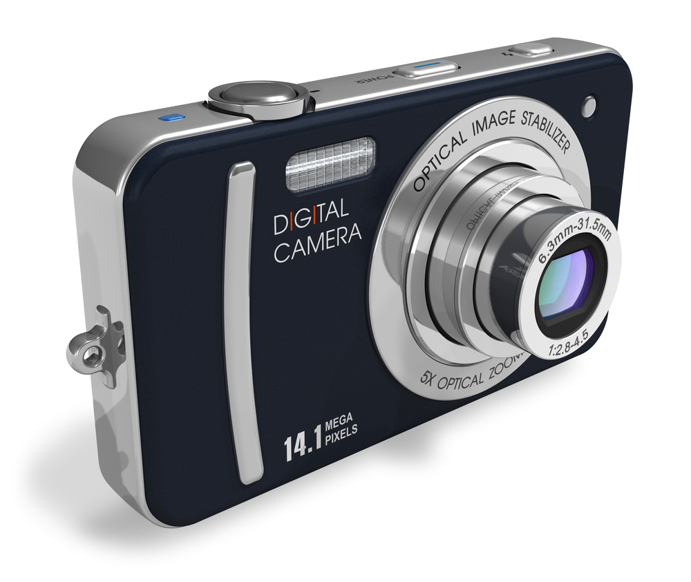 A sleek, black digital camera with a silver lens. Features include optical image stabilization, 5x optical zoom, and 14.1 megapixels.