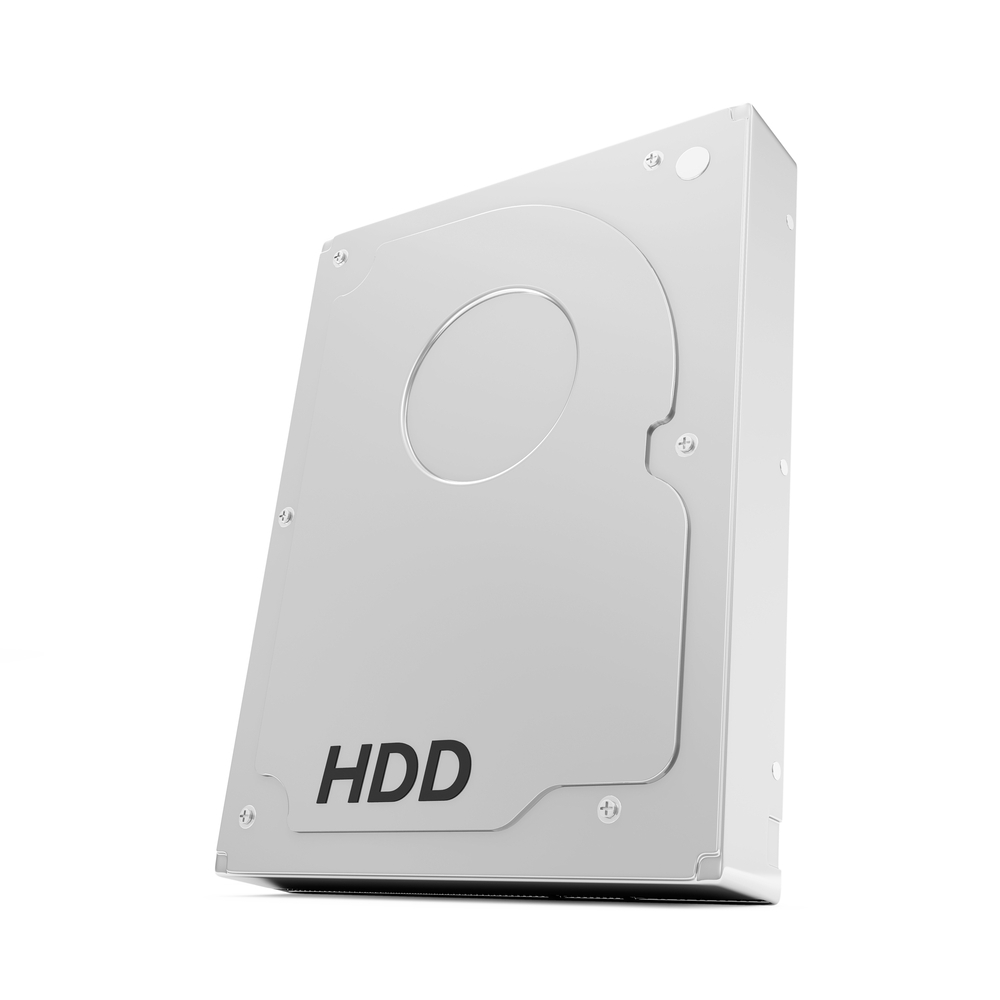 A silver hard disk drive (HDD) stands upright against a white background, displaying sleek design and minimalistic style, with black letters "HDD" on the front.