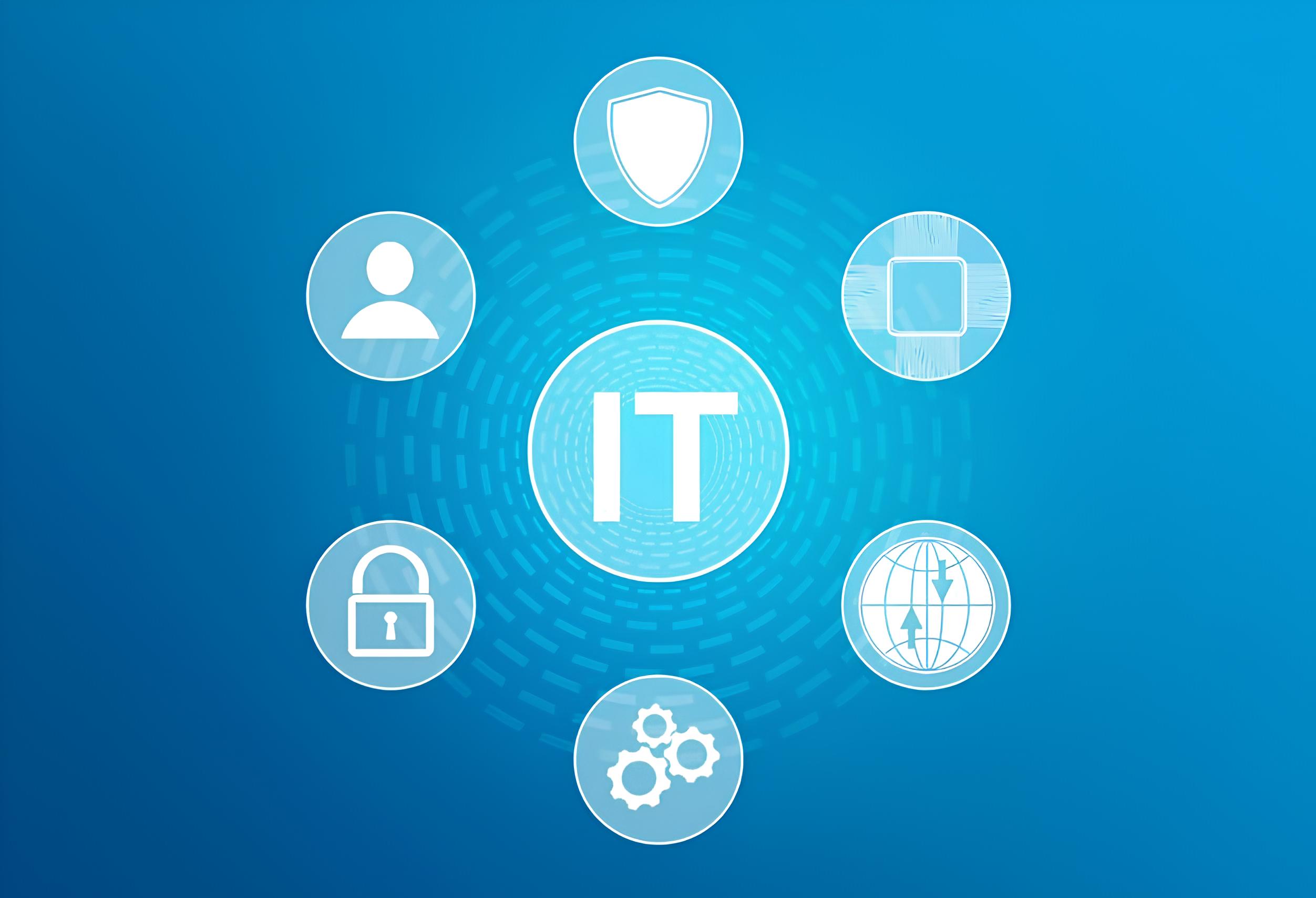 Blue background with "IT" in the center surrounded by icons: shield, user, chip, globe, gears, and lock, symbolizing technology and security themes.