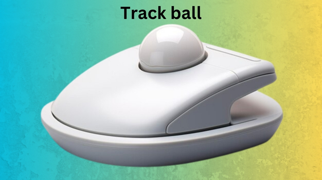 A sleek white trackball mouse with a prominent dome, set against a vibrant gradient background of blue, green, and yellow, with the text "Track ball" above.
