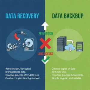 Illustration comparing data recovery and data backup processes, highlighting restoration after loss versus proactive data copying.