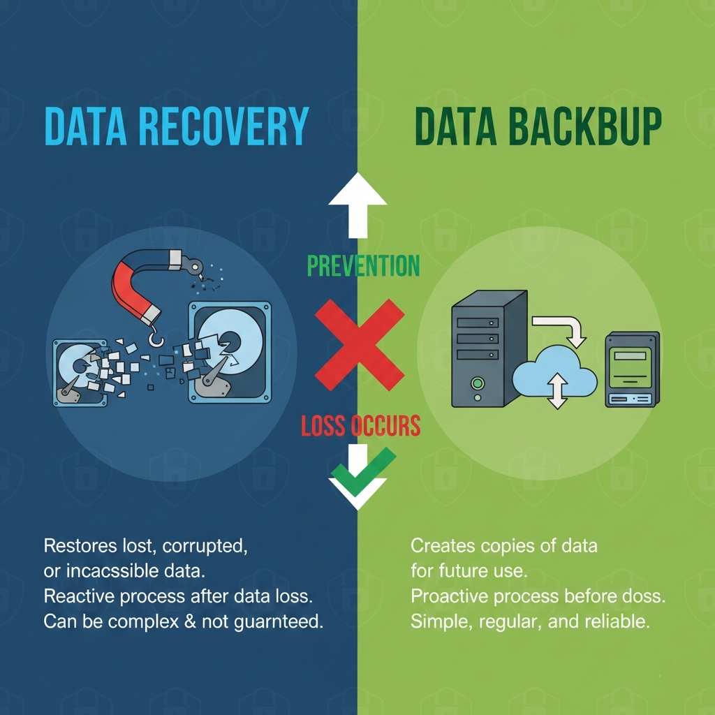 Illustration comparing data recovery and data backup processes, highlighting restoration after loss versus proactive data copying.