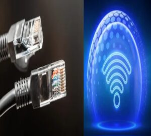 Two Ethernet cables on the left and a glowing blue Wi-Fi symbol on the right, representing wired and wireless internet connectivity.
