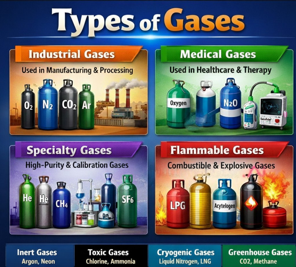Types of gases infographic with industrial and medical uses